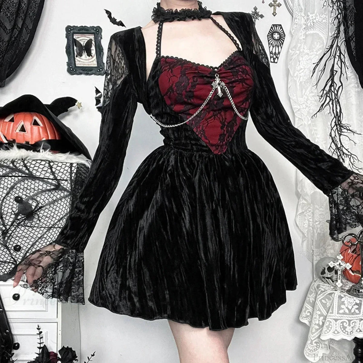 Velvet Lace Panel Halter Choker Sweetheart Bell Sleeve Mini Dress
