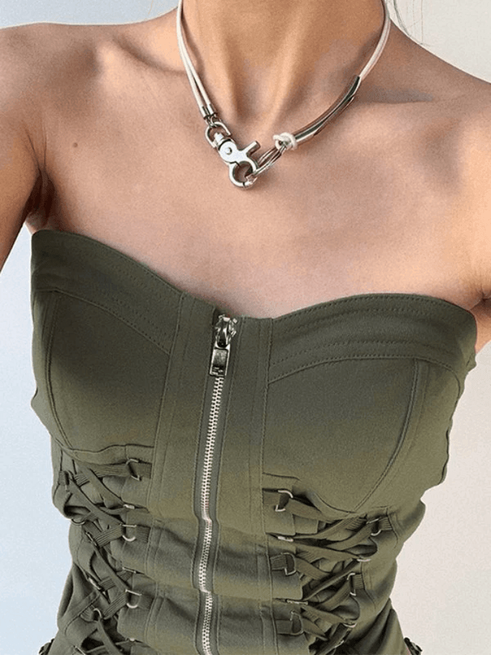 Strapless Zip-Front Lace-Up Corset Top