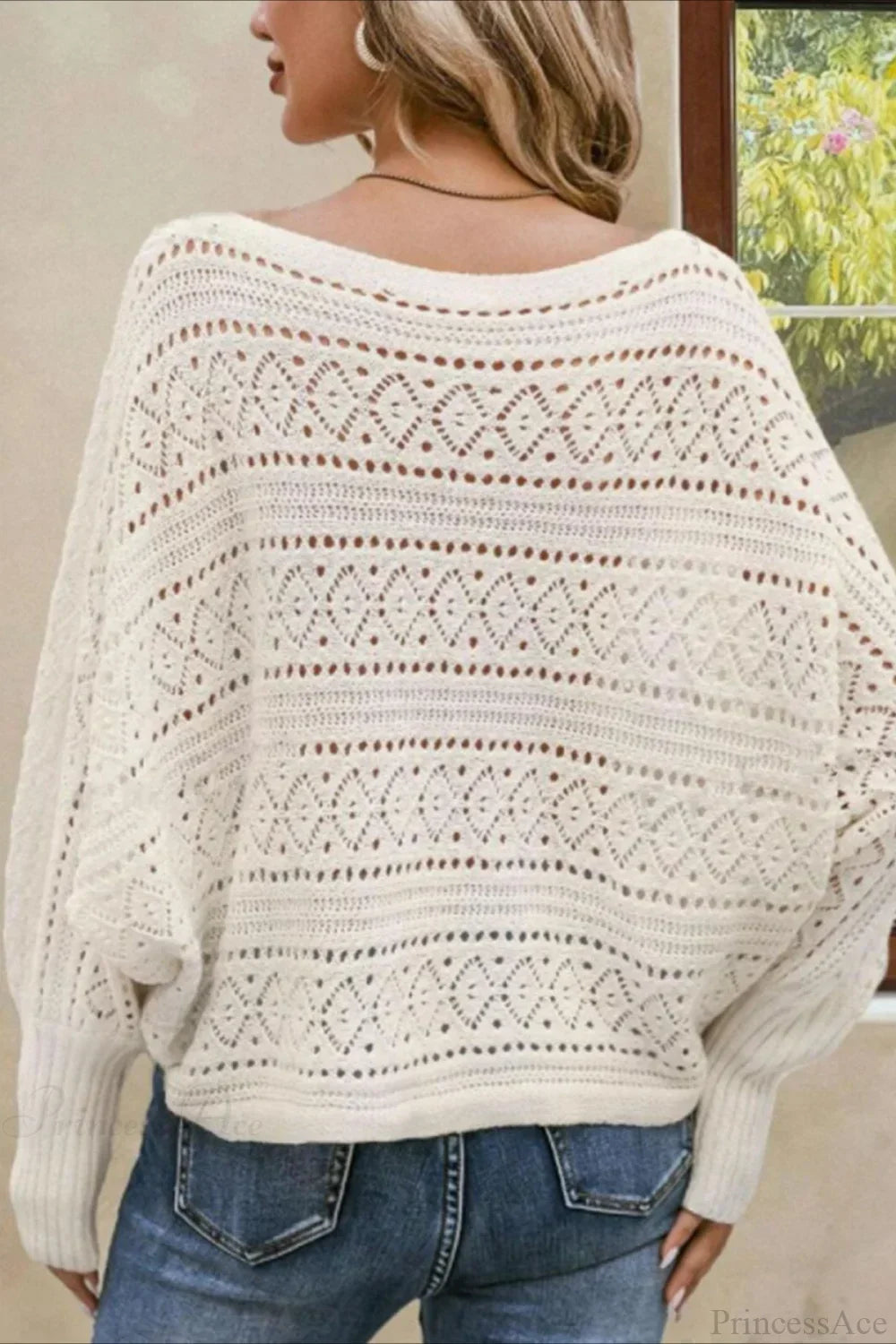 Crochet Openwork Batwing Off-the-Shoulder Pullover Blouse 3