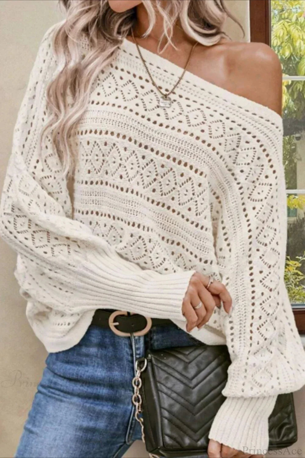 Crochet Openwork Batwing Off-the-Shoulder Pullover Blouse 4