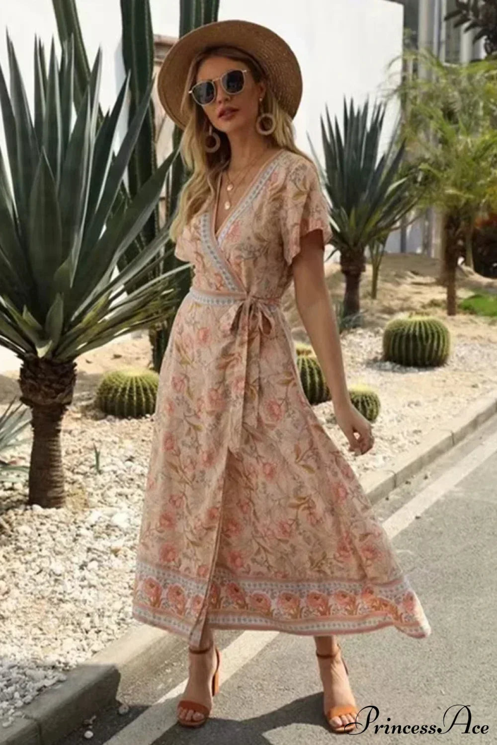 Cross V-neck Ruffles Boho Pleated Dress