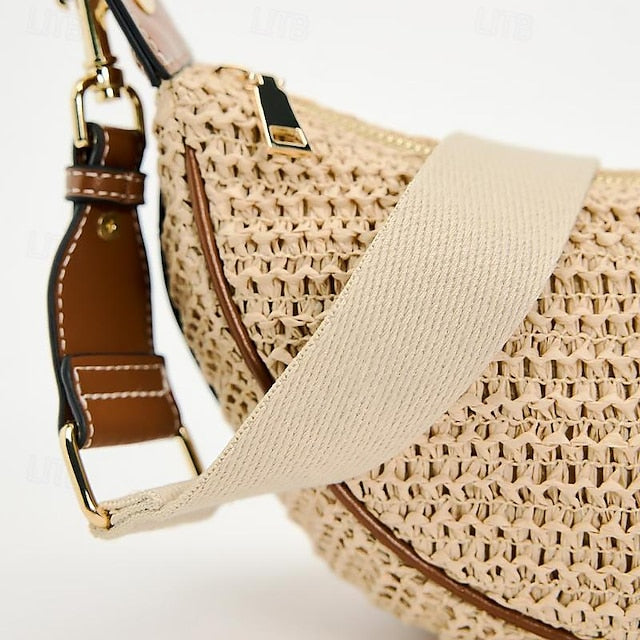 Straw Leather Boho Crossbody Bag with Adjustable