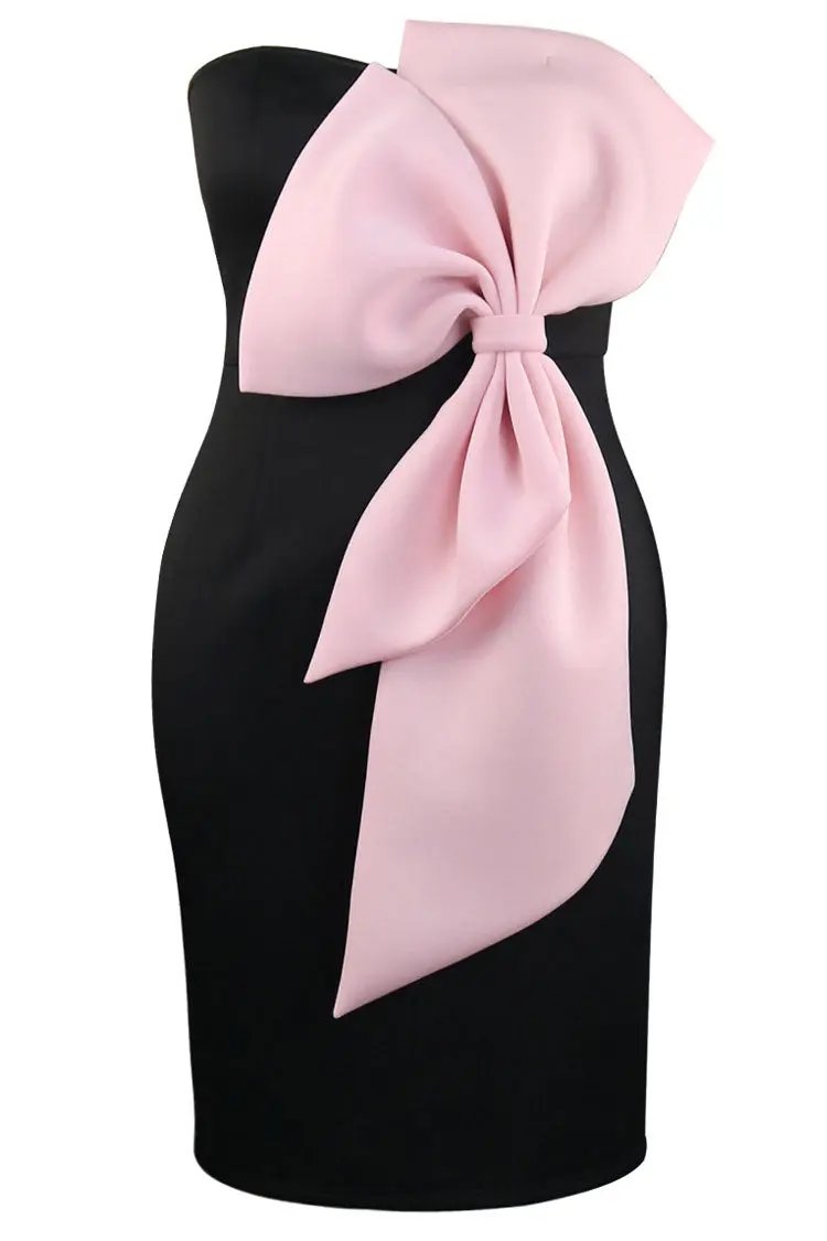 Cute Big Bow Applique Bicolor Strapless Bodycon Cocktail Party Midi Dress - Black Fashionpara