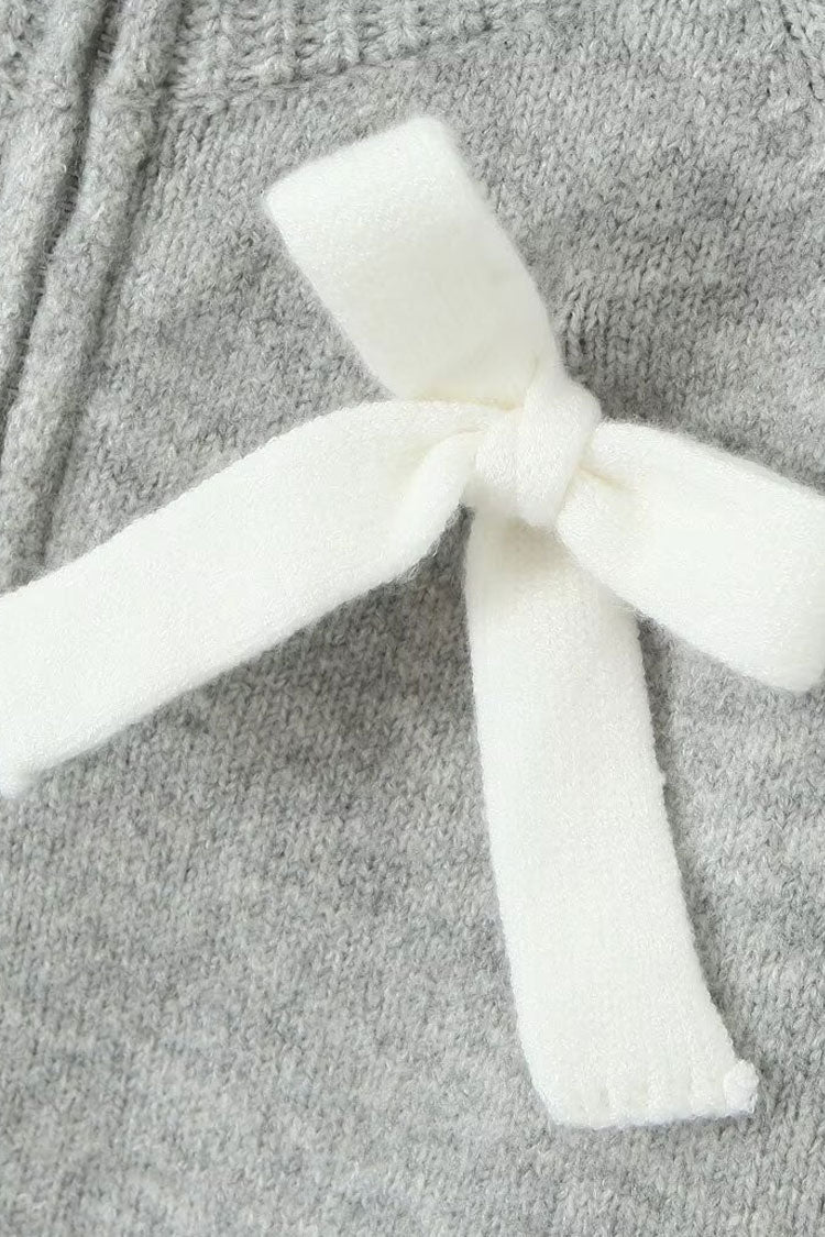 Cute Bow Decor Ribbed Knit Mock Neck Long Sleeve Zip Up Crop Cardigan - Fashionpara