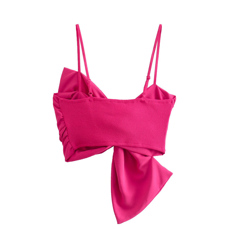 Cute Bow Tie Embellished Ribbed Trim Sleeveless Crop Top - Hot Pink - Fashionpara
