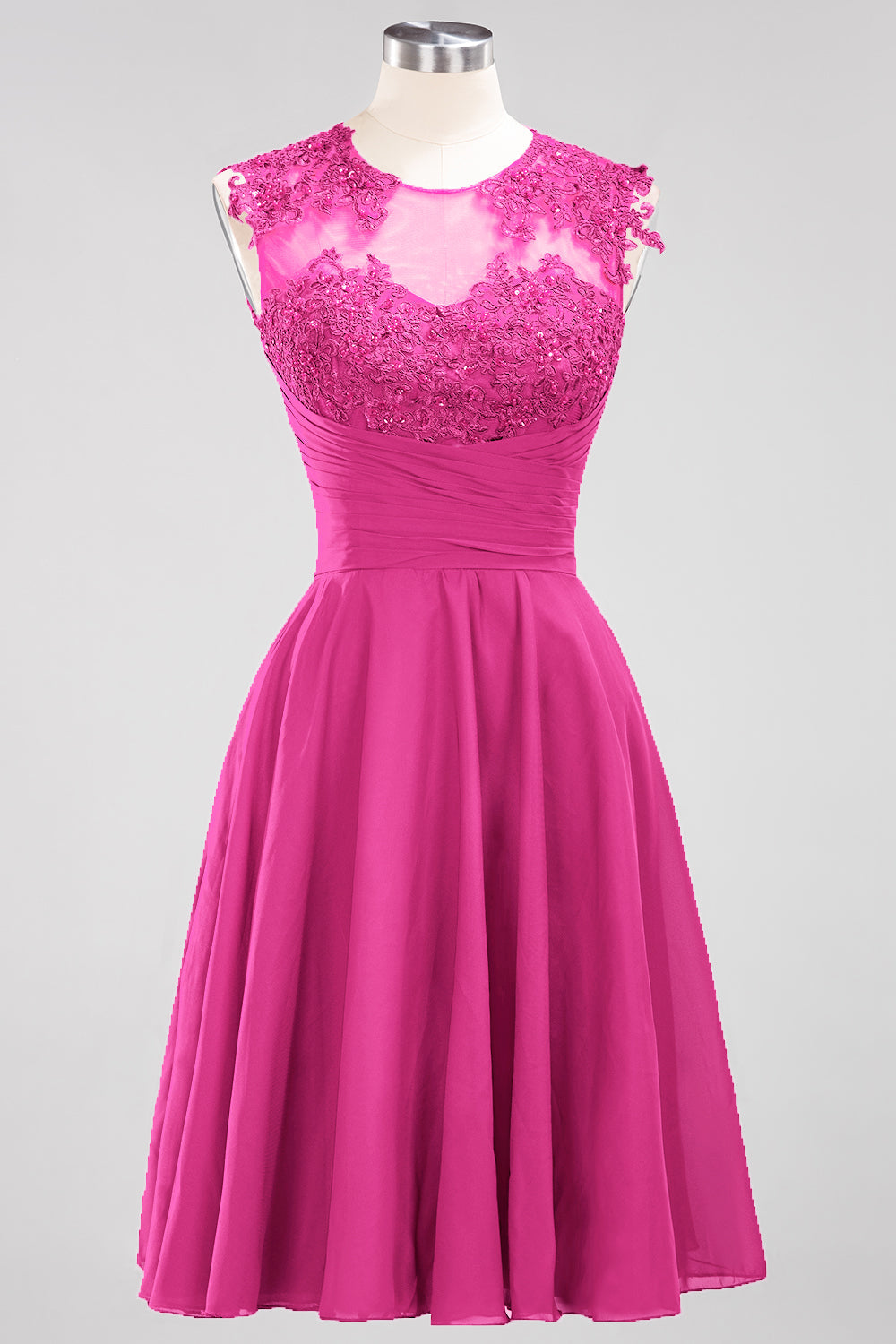Cute Chiffon Round Neck Short Burgundy Bridesmaid dresses with Appliques - Fashionpara