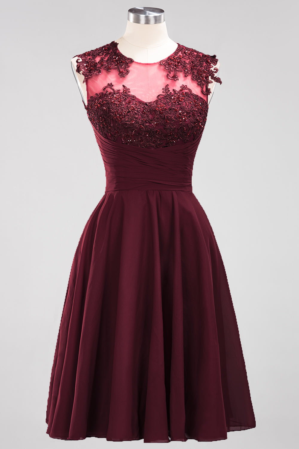 Cute Chiffon Round Neck Short Burgundy Bridesmaid dresses with Appliques - Fashionpara