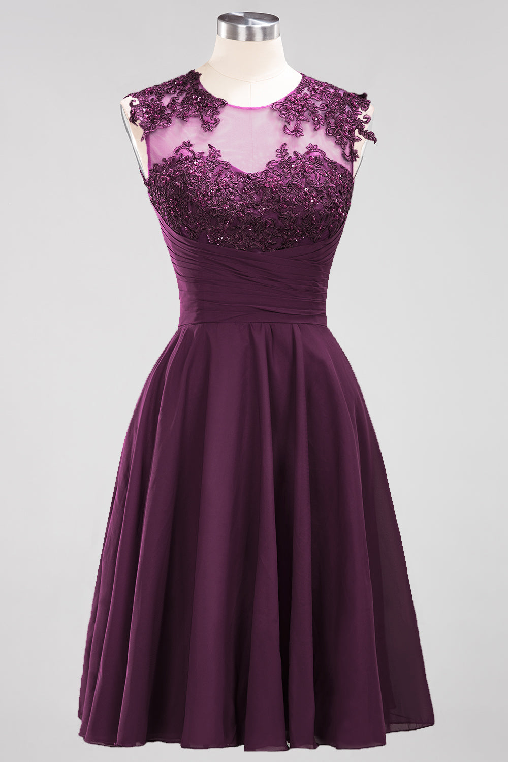 Cute Chiffon Round Neck Short Burgundy Bridesmaid dresses with Appliques - Fashionpara