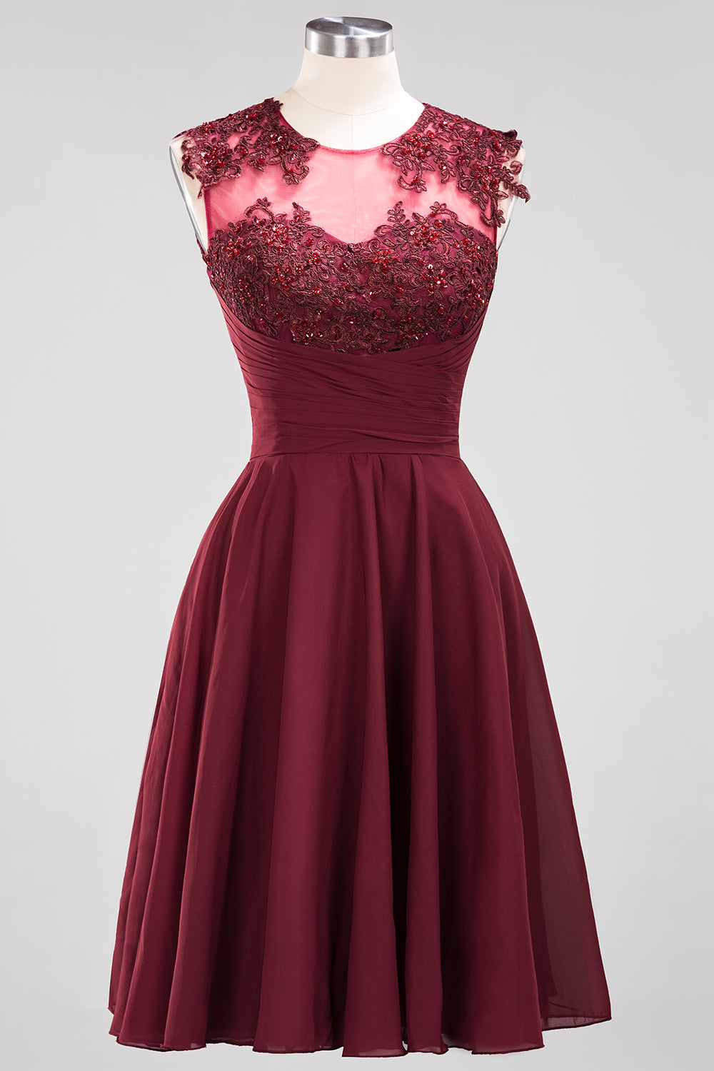 Cute Chiffon Round Neck Short Burgundy Bridesmaid dresses with Appliques - Fashionpara