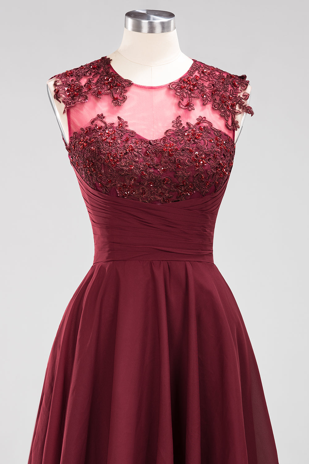 Cute Chiffon Round Neck Short Burgundy Bridesmaid dresses with Appliques - Fashionpara