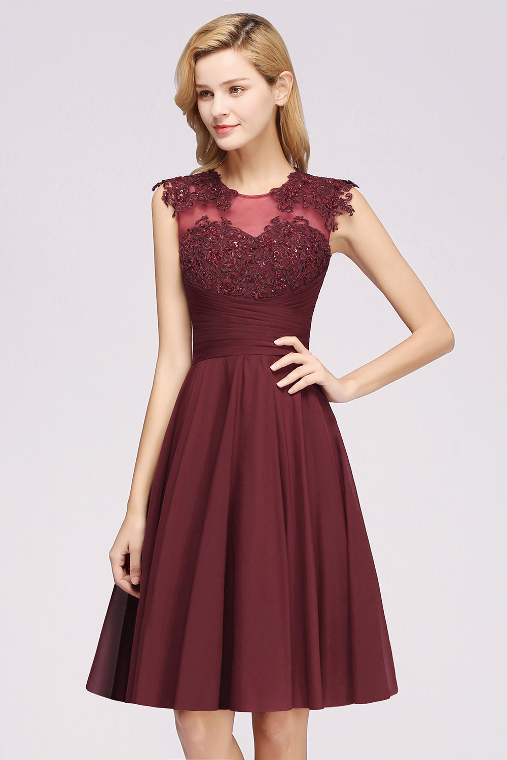 Cute Chiffon Round Neck Short Burgundy Bridesmaid dresses with Appliques