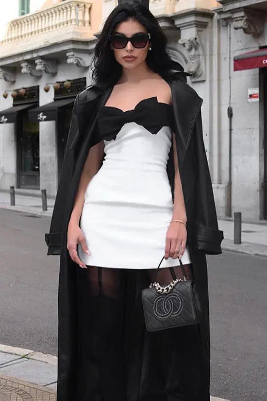 Cute Contrast Color Big Bow Trim Off Shoulder A Line Party Mini Dress - White Fashionpara