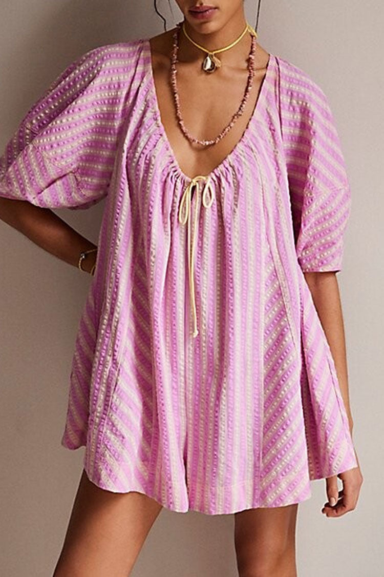 Cute Contrast Printed Bow Tie Neck Puff Sleeve Wide Leg Oversized Romper