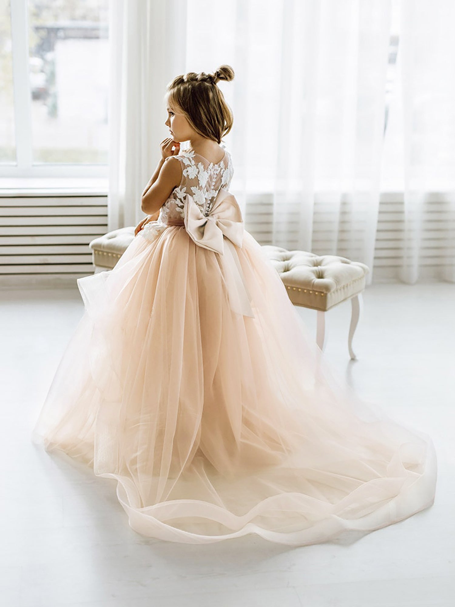 Cute Dusty Rose Puffy Lace Appliqued Sleeveless Flower Girl Dresses - Fashionpara