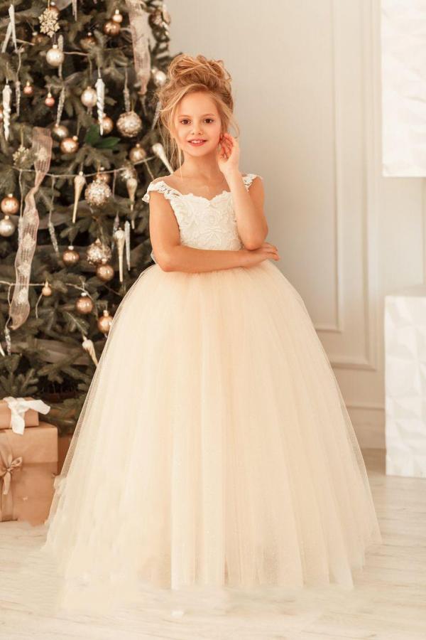 Cute Lace Tulle Flower Girl Dress Cap Sleeves - Fashionpara