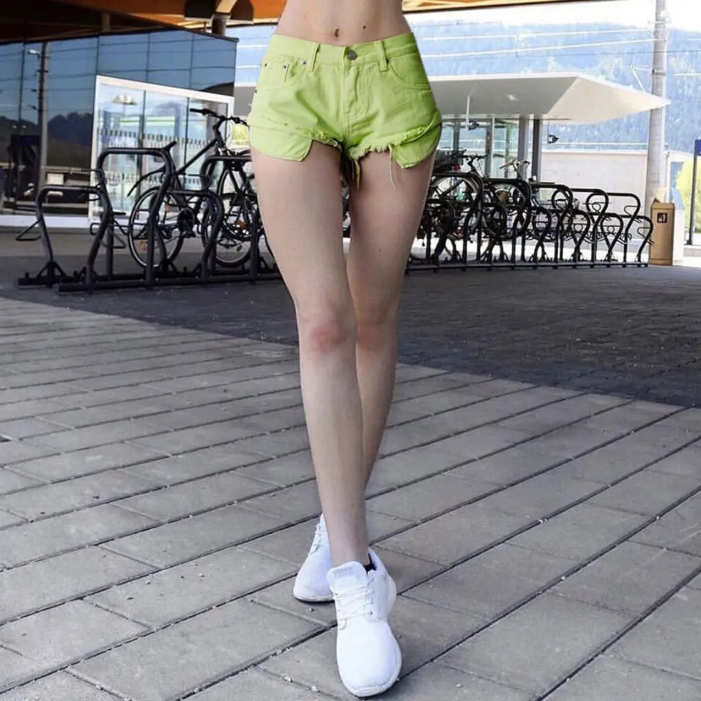 Cute Macaron Color Low Rise Distressed Denim Shorts - Neon Green Fashionpara