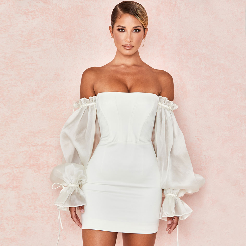 Off-Shoulder Puff Sleeve Corset Bodycon Mini Dress