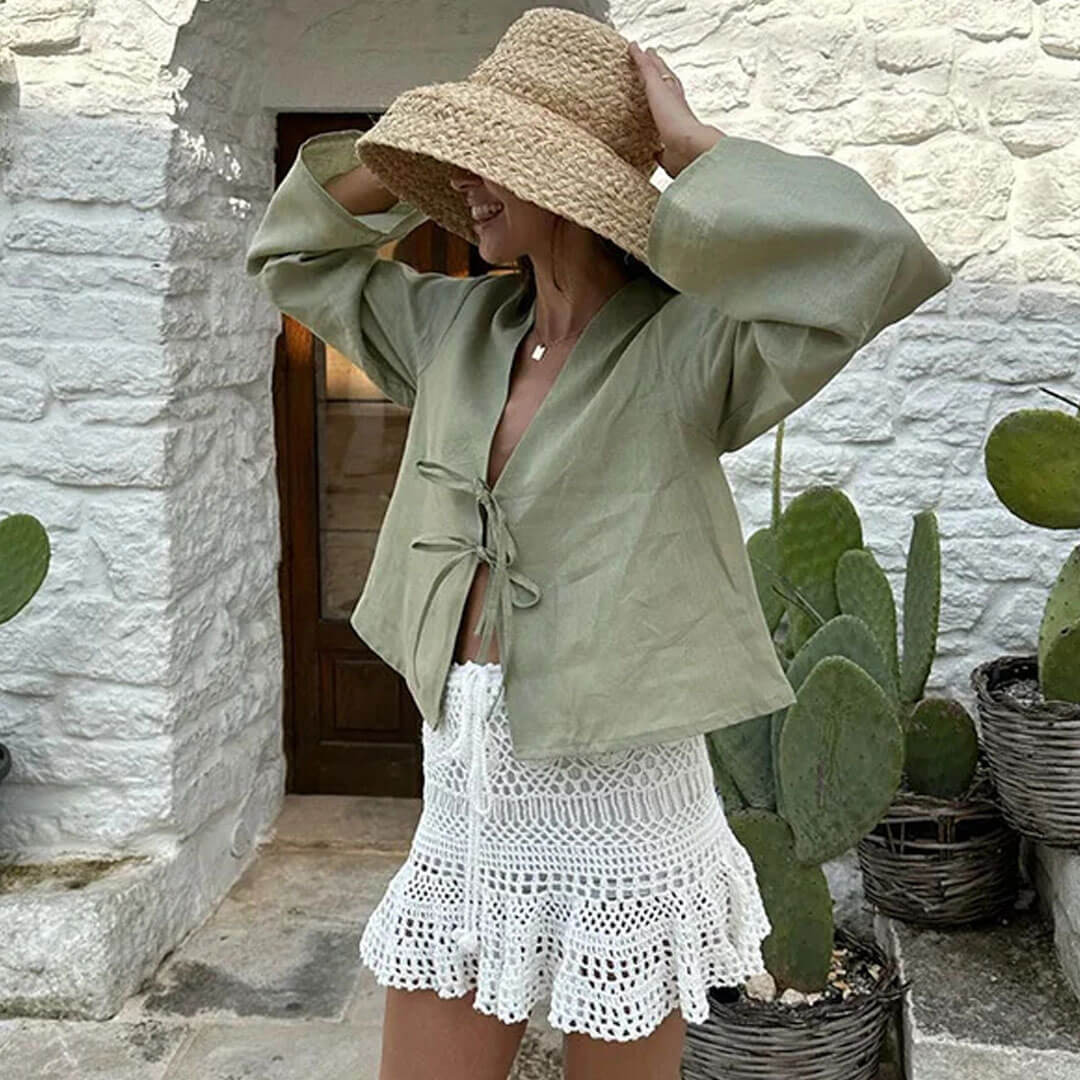 Cute Plunge Neck Bow Tie Drop Shoulder Long Sleeve Summer Blouse