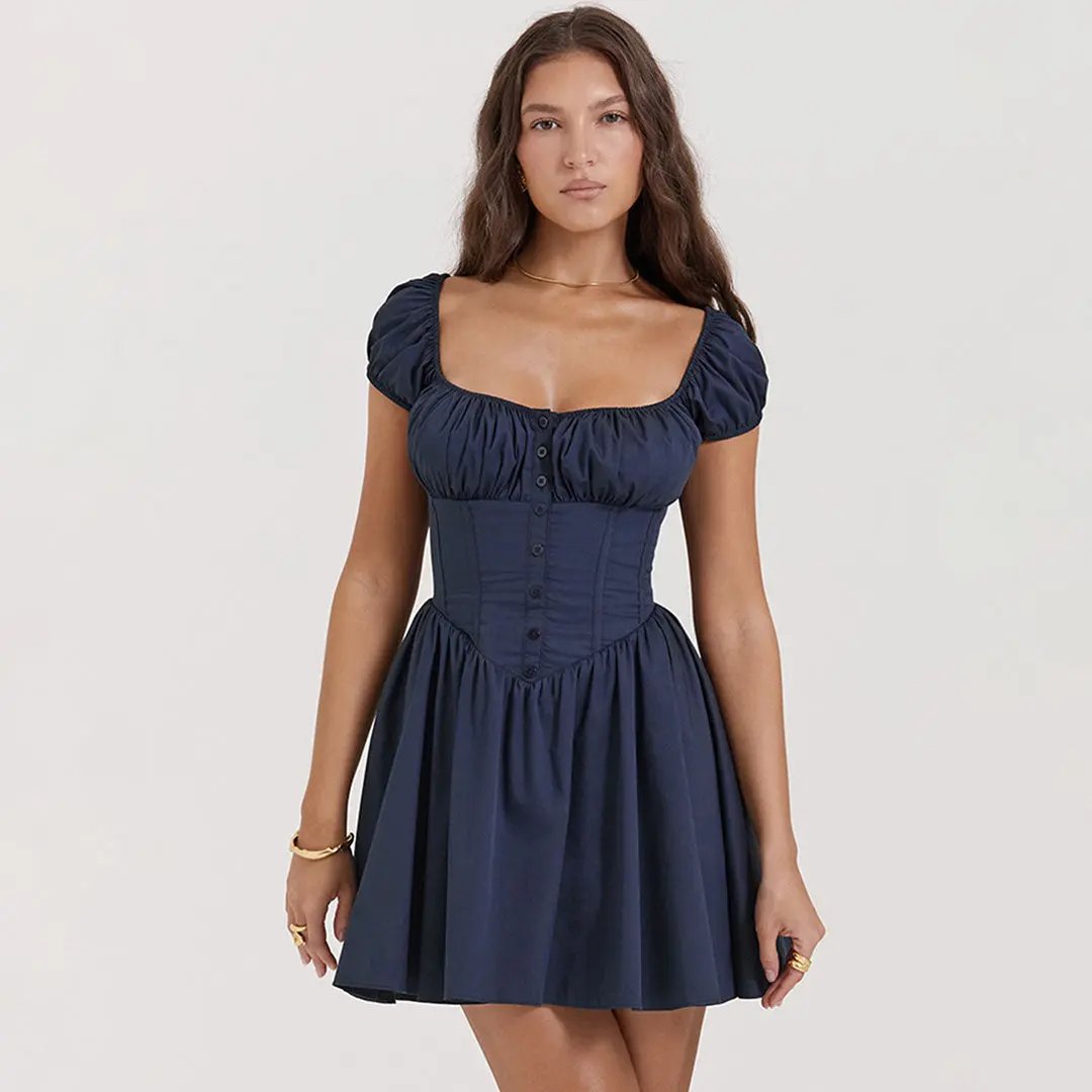 Cute Puff Sleeve Button Trim Drop Waist Fit and Flare Corset Mini Dress - Navy Blue Fashionpara