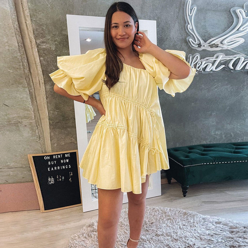 Puff Sleeve Drawstring Tiered Ruffle Babydoll Mini Dress 2