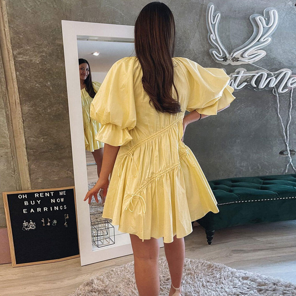 Puff Sleeve Drawstring Tiered Ruffle Babydoll Mini Dress 3