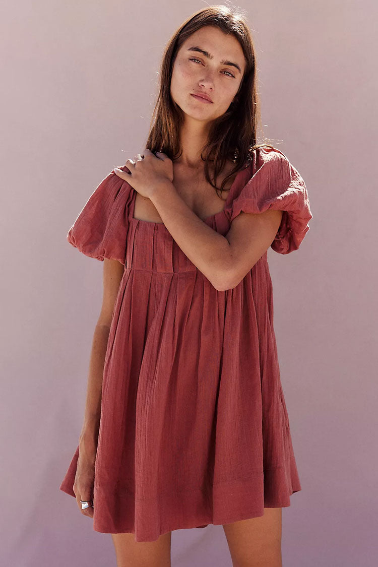 Cute Puff Sleeve Pleated Lace Up Backless Summer Babydoll Mini Dress