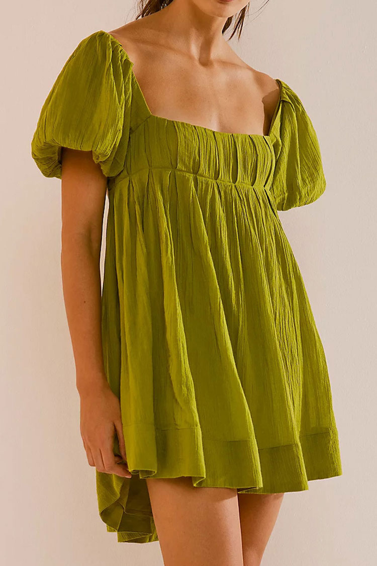 Cute Puff Sleeve Pleated Lace Up Backless Summer Babydoll Mini Dress