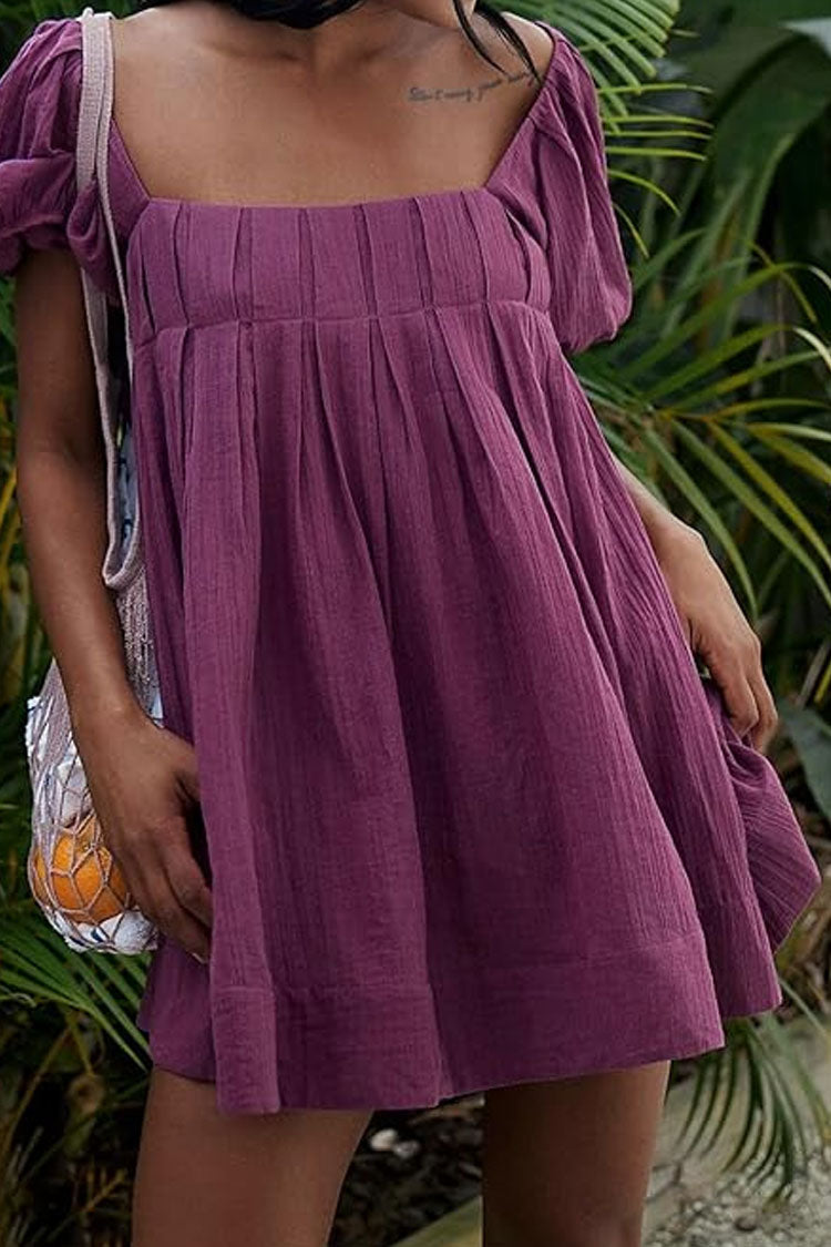 Cute Puff Sleeve Pleated Lace Up Backless Summer Babydoll Mini Dress