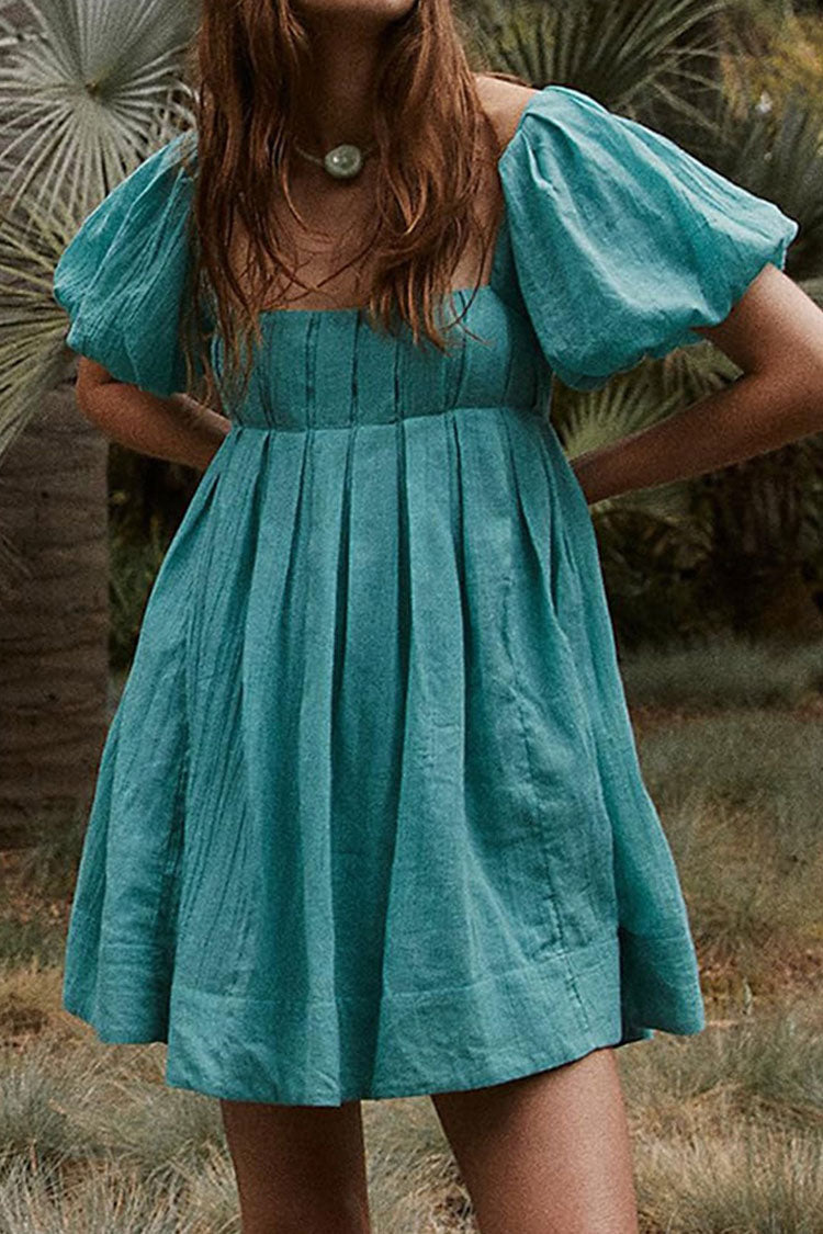 Cute Puff Sleeve Pleated Lace Up Backless Summer Babydoll Mini Dress