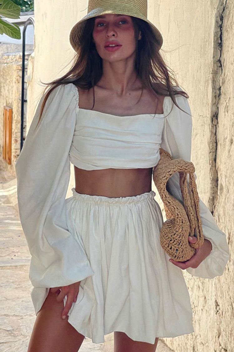 Cute Puff Sleeve Ruched Crop High Waist Two Piece Mini Dress - Off White Fashionpara