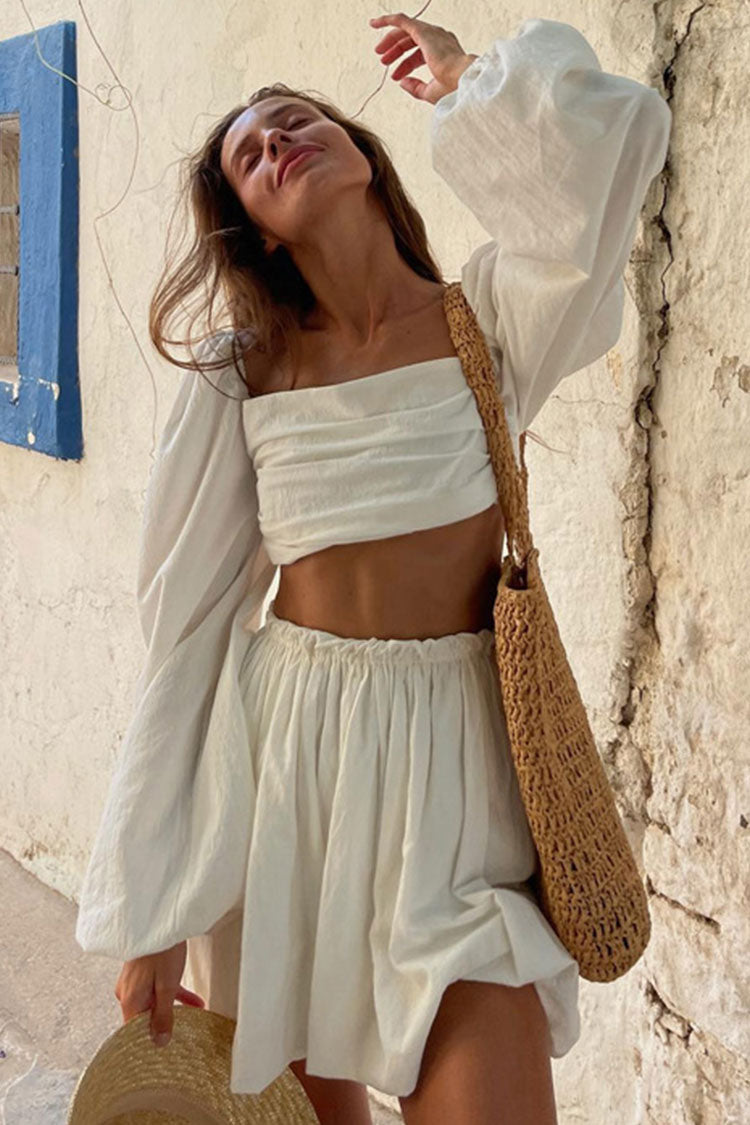 Cute Puff Sleeve Ruched Crop High Waist Two Piece Mini Dress - Off White Fashionpara