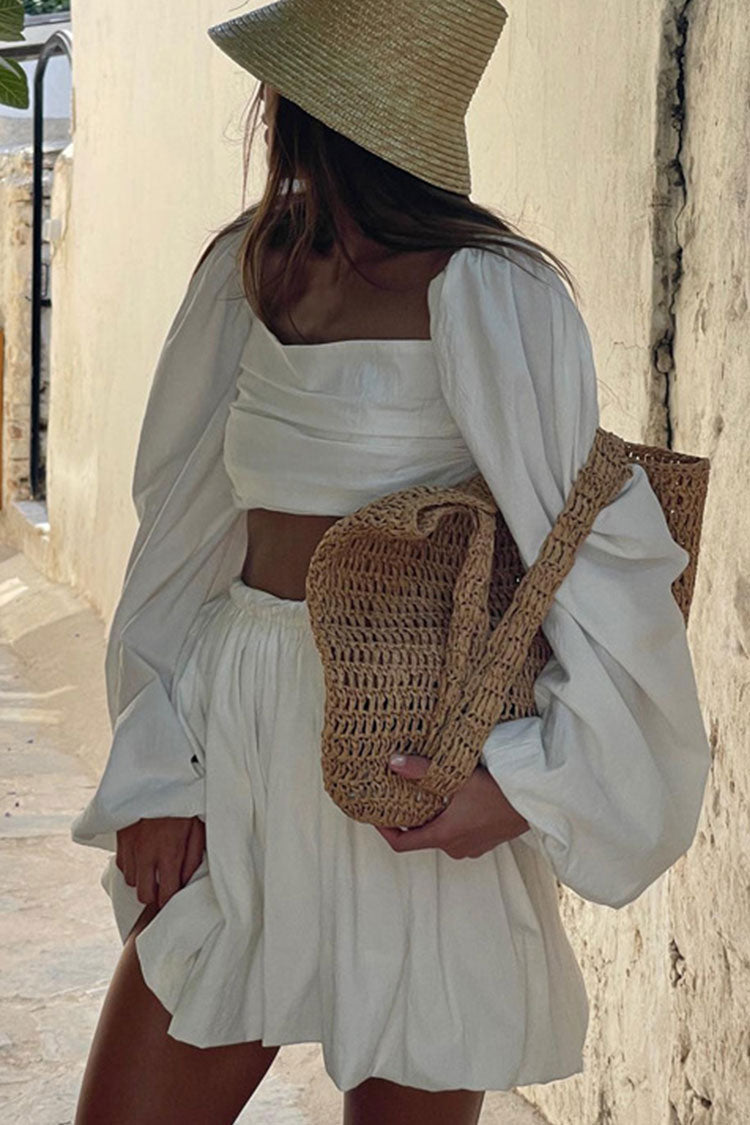 Cute Puff Sleeve Ruched Crop High Waist Two Piece Mini Dress - Off White Fashionpara