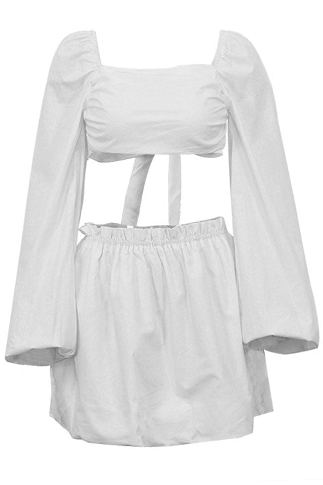 Cute Puff Sleeve Ruched Crop High Waist Two Piece Mini Dress - Off White Fashionpara