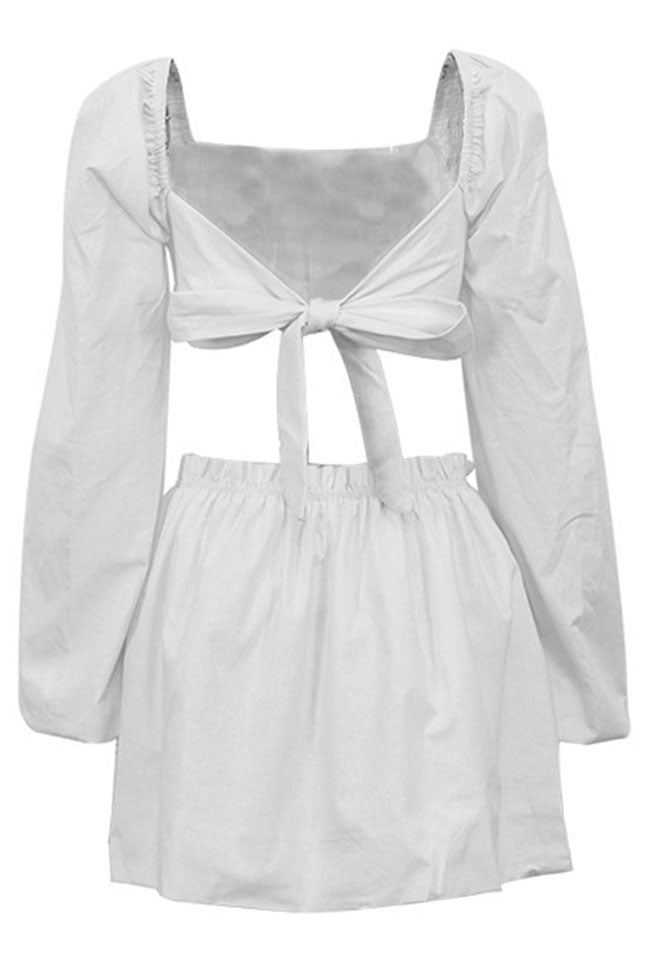 Cute Puff Sleeve Ruched Crop High Waist Two Piece Mini Dress - Off White Fashionpara