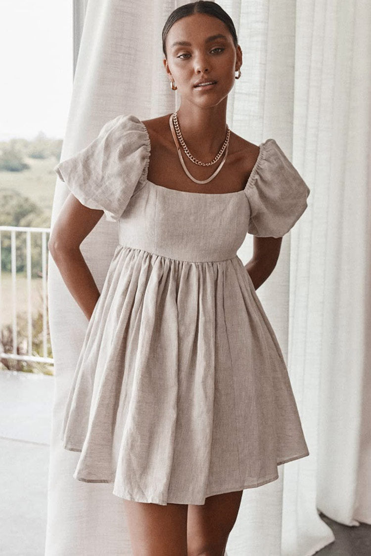 Linen Square Neck Puff Sleeve Babydoll Mini Dress