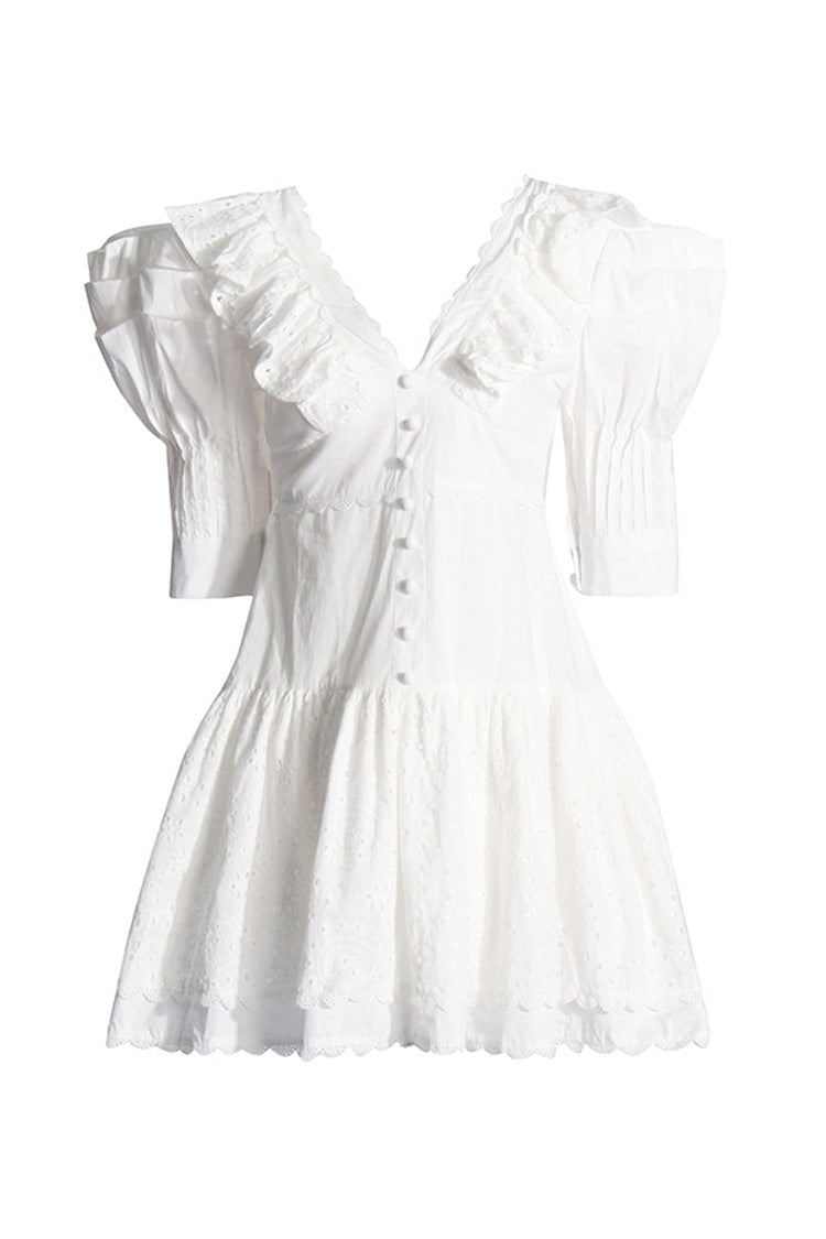 Cute Scalloped V Neck Puff Sleeve Broderie Anglaise Ruffle Tiered Mini Dress - Fashionpara