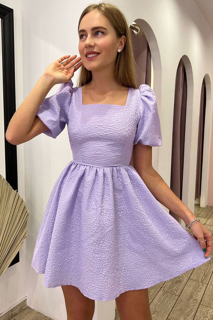 Cute Square Neck Puff Sleeve Lace Up Back Seersucker Skater Mini Dress - Lilac - Fashionpara