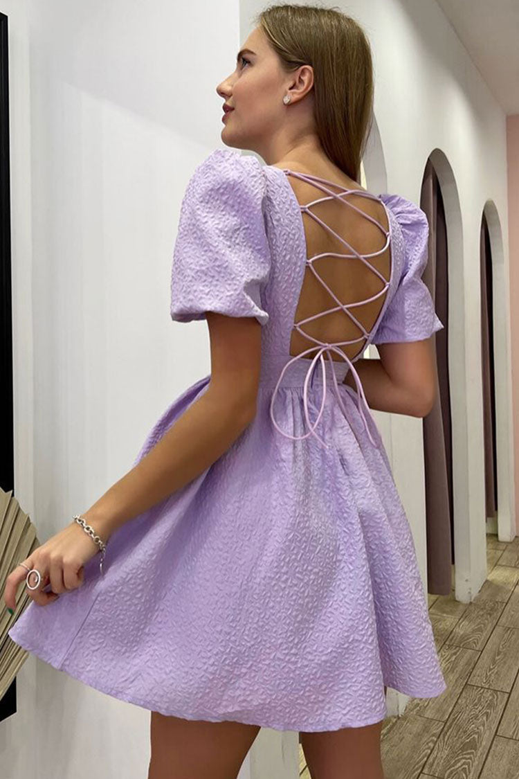 Cute Square Neck Puff Sleeve Lace Up Back Seersucker Skater Mini Dress - Lilac - Fashionpara