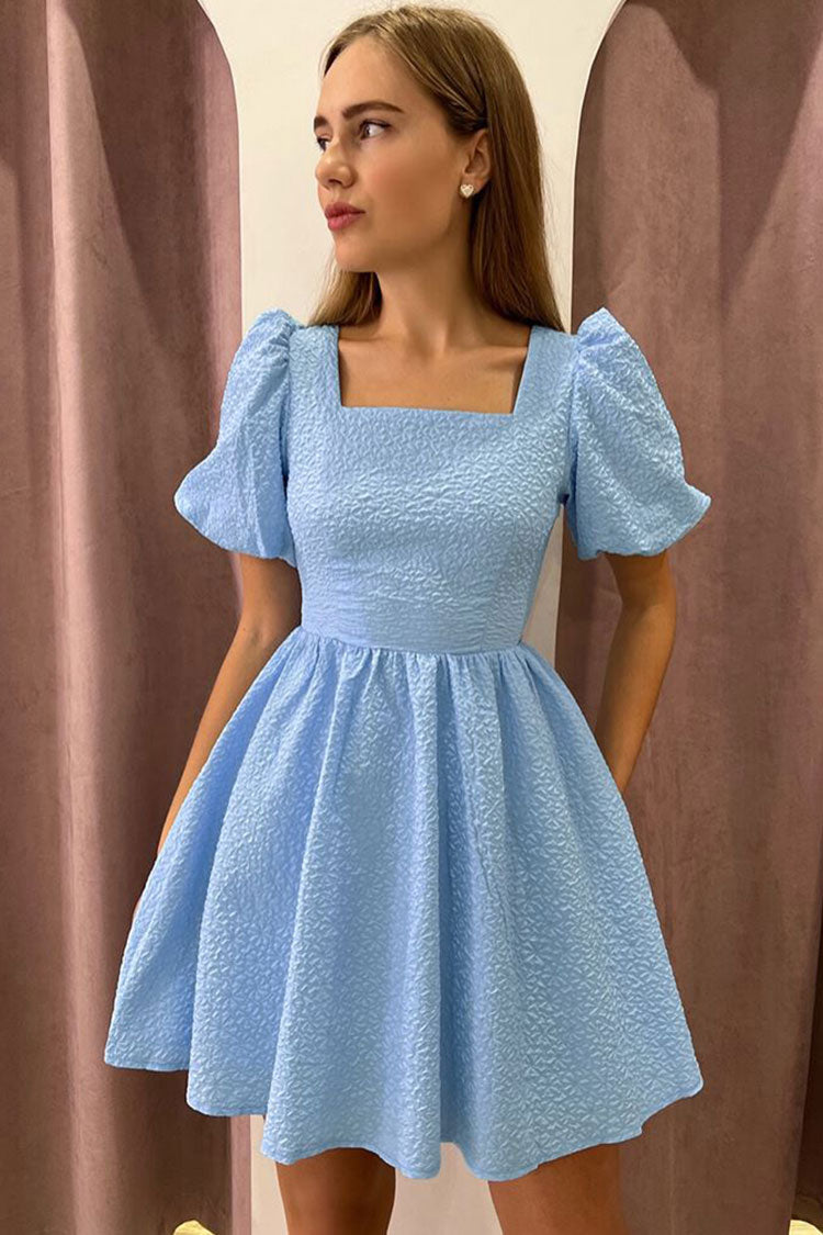 Cute Square Neck Puff Sleeve Lace Up Back Seersucker Skater Mini Dress - Sky Blue - Fashionpara