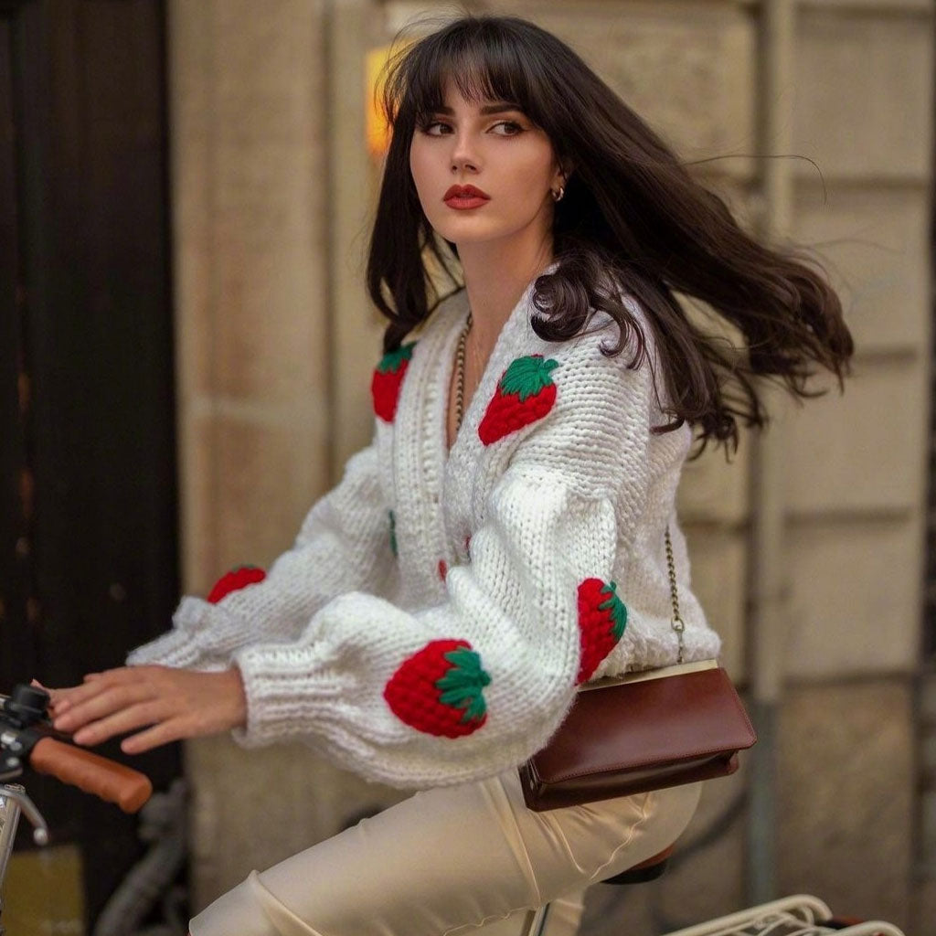 Strawberry Studded Bishop Sleeve Button Up Cardigan - White 2