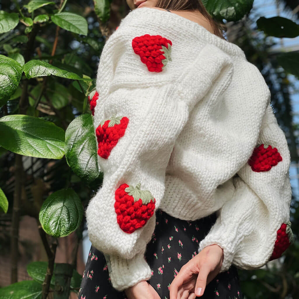 Strawberry Studded Bishop Sleeve Button Up Cardigan - White 4