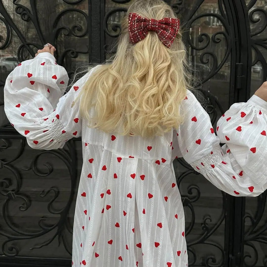 Cute Striped Heart Print High Neck Bishop Sleeve Button Up Maxi Shirt Dress - Red  Fashionpara