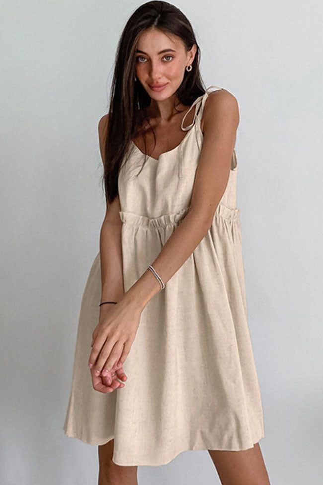 Cute Tiered Ruffle Empire Waist Linen Mini Summer Sundress - Khaki Fashionpara