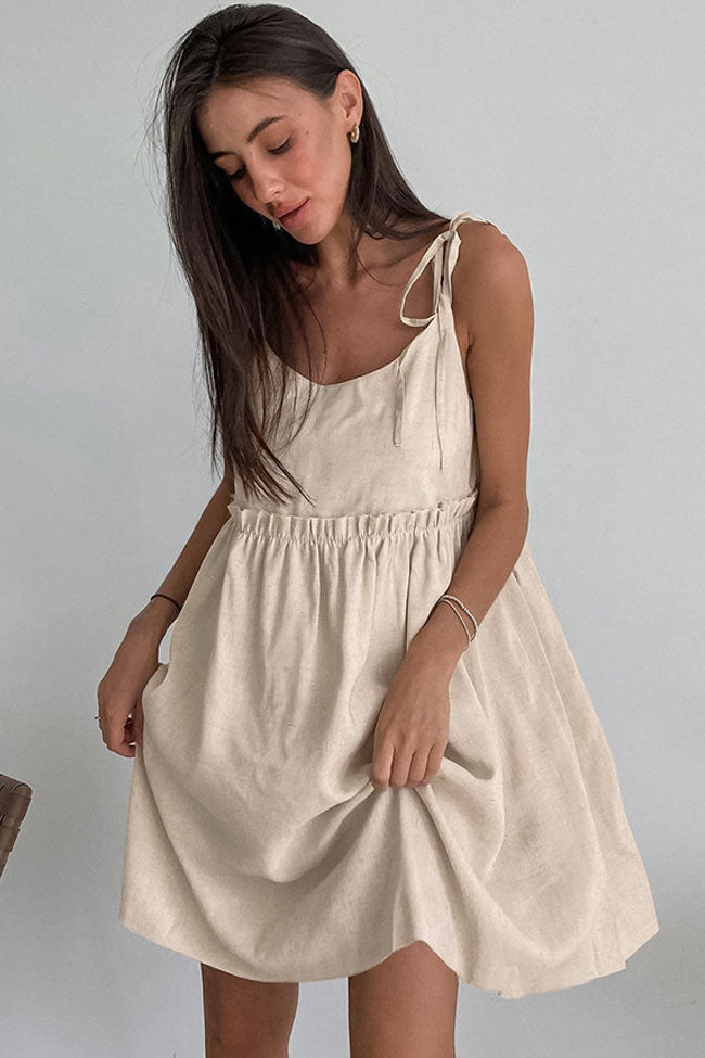 Linen Scoop Neck Tie Strap Empire Waist Mini Sundress 3