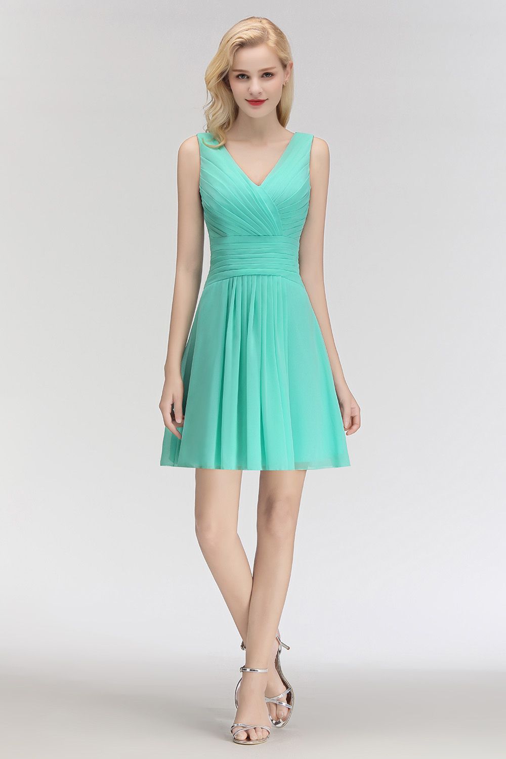 Cute V-Neck Sleeveless Short Chiffon Affordable Bridesmaid Dresseswith Ruffle - Fashionpara