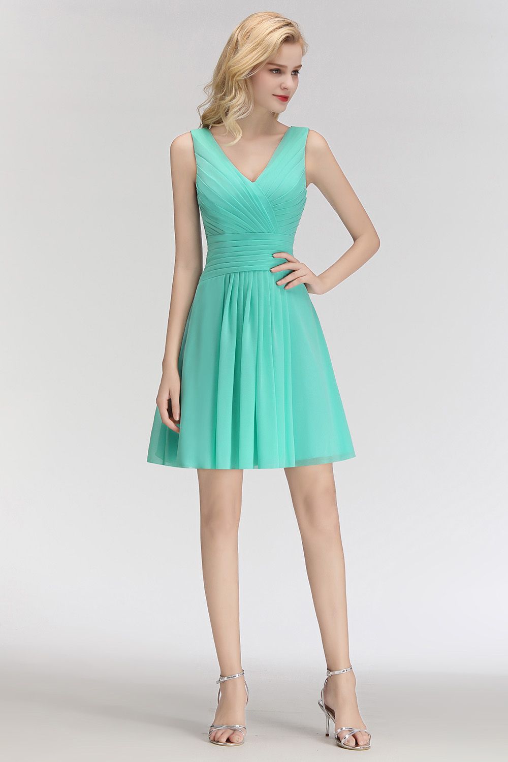 Cute V-Neck Sleeveless Short Chiffon Affordable Bridesmaid Dresseswith Ruffle - Fashionpara