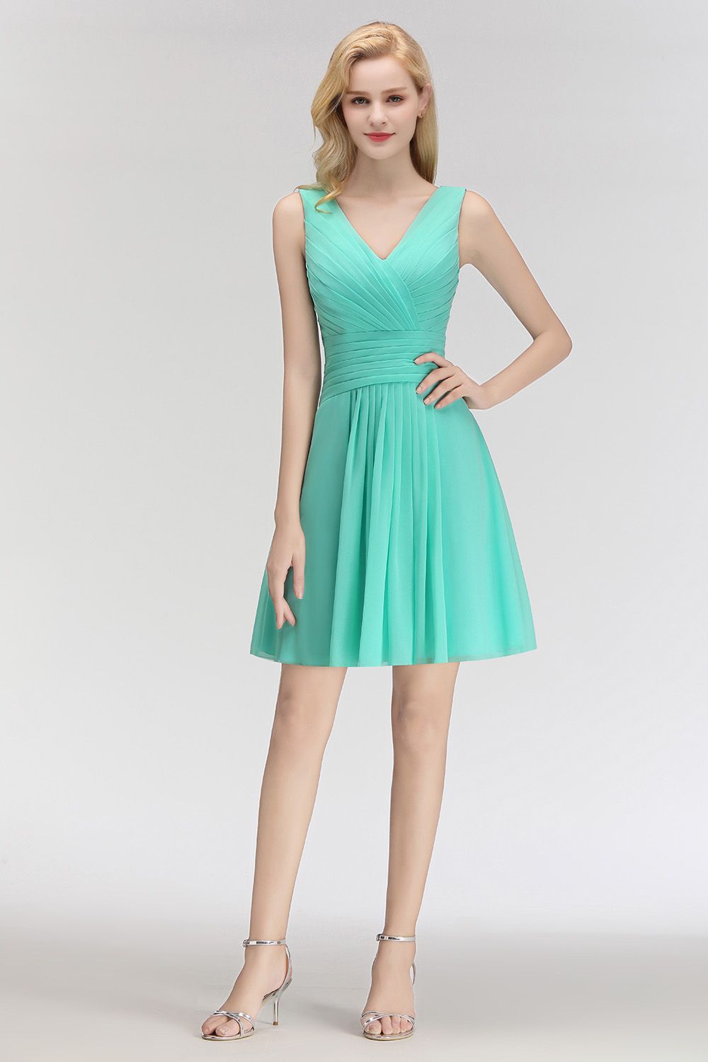Cute V-Neck Sleeveless Short Chiffon Affordable Bridesmaid Dresseswith Ruffle - Fashionpara