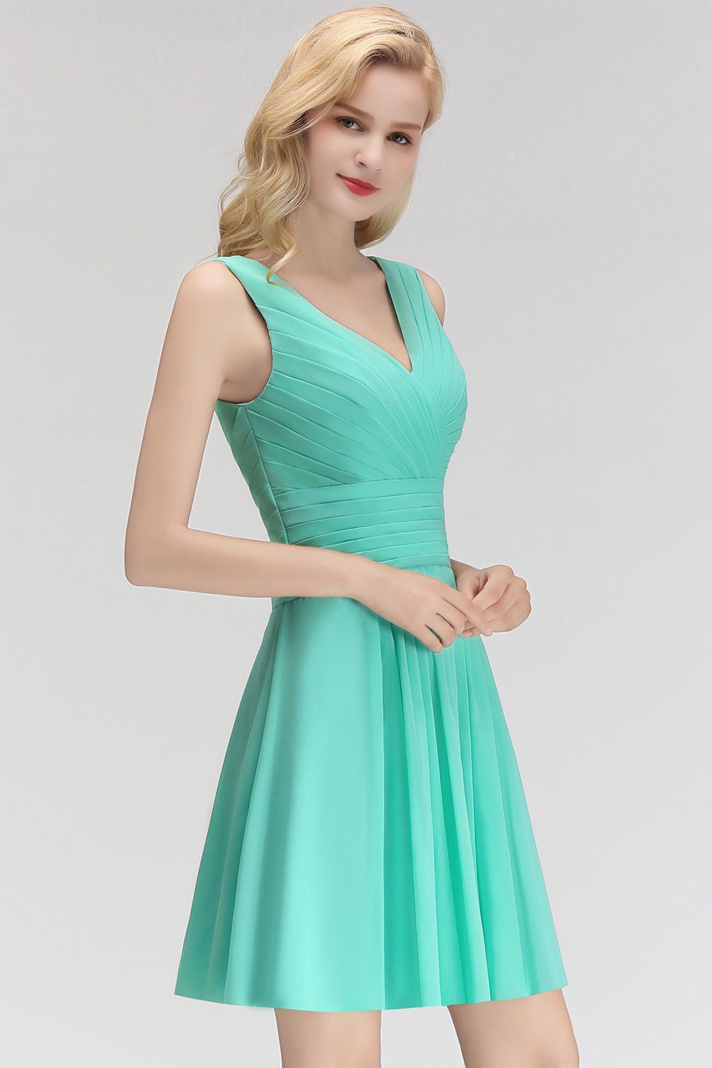 Cute V-Neck Sleeveless Short Chiffon Affordable Bridesmaid Dresseswith Ruffle - Fashionpara