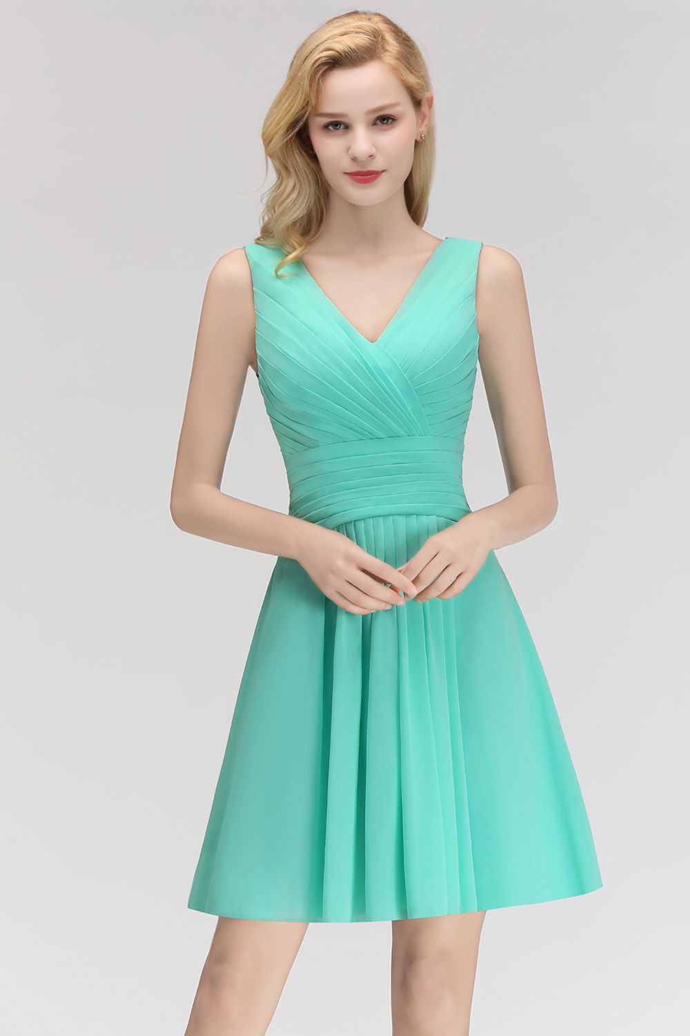Cute V-Neck Sleeveless Short Chiffon Affordable Bridesmaid Dresseswith Ruffle - Fashionpara