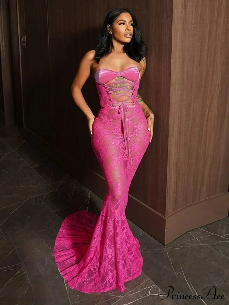 Cutenew Lace Patchwork Maxi Party Dress Rose Red / S Partydress-241208